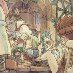  2girls 4boys ^_^ baku_(ff9) bell beret blank_(ff9) blonde_hair blue_hair blush chair character_doll cinna_(ff9) closed_eyes creature final_fantasy final_fantasy_ix furry hat headband indoors laughing legs_up lowres masato_(oal) md5_mismatch messy_room multiple_boys multiple_girls pants pointy_ears red_eyes ruby_(ff9) short_hair sitting sjofn_(mythology) sleeping smile spiked_hair table tavern zidane_tribal 