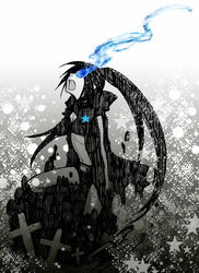  bad_id bad_pixiv_id black_hair black_rock_shooter black_rock_shooter_(character) blue_eyes cross female latin_cross long_hair metro_(mp_ground) midriff no_shirt shorts solo twintails 