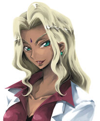  artist_request bindi blonde_hair breasts cleavage code_geass collarbone dark-skinned_female dark_skin earrings female green_eyes indian jewelry lab_coat long_hair parted_lips rakshata_chawla red_lips red_shirt shirt solo white_background 