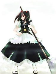  brown_hair closed_mouth female full_body hand_on_own_hip holding holding_scythe japanese_clothes medium_hair onozuka_komachi puffy_short_sleeves puffy_sleeves purple_eyes purple_hair red_eyes sandals scythe short_sleeves simple_background socks solo tabi takanashi_akihito touhou twintails two_side_up weapon white_background white_socks zouri 