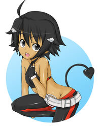  :d ahoge bare_arms bare_shoulders belt black_eyes black_gloves black_hair black_pants circle commentary_request dark-skinned_female dark_skin demon_tail female fingerless_gloves flat_chest gloves hair_ornament halterneck looking_at_viewer madarame open_mouth original pants short_hair smile solo tail white_belt 