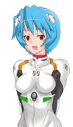  :d arms_behind_back ayanami_rei bad_id bad_pixiv_id blue_hair bodysuit breasts female highres interface_headset madarame medium_breasts neon_genesis_evangelion open_mouth plugsuit red_eyes short_hair simple_background smile solo upper_body white_background white_bodysuit 