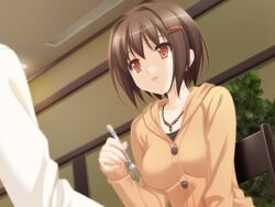  brown_eyes brown_hair female game_cg kani_biimu konayuki_fururi short_hair solo yoshioka_saeko 