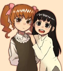  2girls :d arms_behind_back black_hair blush bow brown_eyes brown_hair choko_(chokotto_sister) chokotto_sister closed_mouth collared_shirt commentary_request hairbow hanayamada_yurika hand_on_another&#039;s_shoulder hijiri_rei long_hair long_sleeves looking_at_viewer multiple_girls open_mouth pink_bow round_teeth shirt short_hair simple_background smile straight_hair tareme teeth tsurime twintails upper_body very_long_hair white_shirt wing_collar yellow_background 