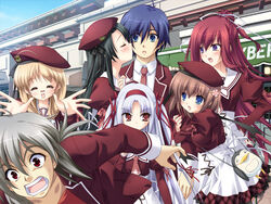  11eyes 2boys 5girls artist_request black_hair blonde_hair blue_hair blush brown_hair dress flower_ornament game_cg glasses hair_ornament hairclip hat headband hirohana_yukiko kissing kusakabe_misuzu long_hair minase_yuka momono_shiori multiple_boys multiple_girls open_mouth outdoors red_eyes red_hair satsuki_kakeru school_uniform short_hair tachibana_kukuri tajima_takahisa very_long_hair white_dress white_hair 