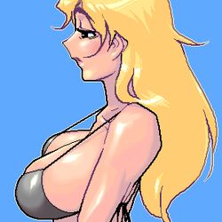  bikini blonde_hair breasts commentary female large_breasts lowres matagitii oekaki original solo swimsuit 