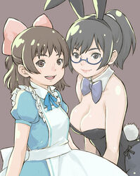  2girls animal_ears aoi_minamo bare_shoulders black_hair bow bowtie breasts brown_hair cleavage commentary_request fake_animal_ears glasses hairbow holon large_breasts multiple_girls muuten pantyhose photoshop_(medium) pink_bow playboy_bunny ponytail rabbit_ears rabbit_tail real_drive ribbon smile tail 