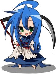  barefoot buuwa chibi commentary_request cosplay female izumi_konata long_hair lucky_star mole mole_under_eye onozuka_komachi onozuka_komachi_(cosplay) parody scythe solo touhou 