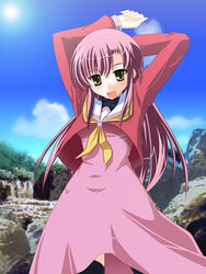  :d arms_behind_head black_thighhighs blue_sky blush cloud day dress female hair_ornament hairclip hakuo_school_uniform hayate_no_gotoku! hyokkori_tamago katsura_hinagiku long_hair looking_at_viewer neckerchief outdoors pink_dress pink_hair red_shirt sailor_collar school_uniform shirt sky smile solo thighhighs turtleneck white_sailor_collar yellow_eyes yellow_neckerchief 