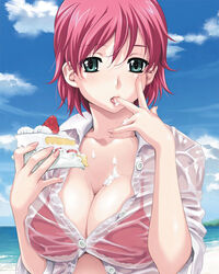  bikini breasts cake cake_slice cleavage day doily female food green_eyes happoubi_jin iihara_nao large_breasts pastry pink_hair resort_boin see-through sexually_suggestive shirt short_hair sleeves_pushed_up solo strawberry_shortcake sweat swimsuit tongue wet wet_clothes wet_shirt 