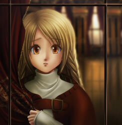  bad_id bad_pixiv_id blonde_hair braid brown_eyes cape curtain_grab curtains dodon_(reina) female final_fantasy final_fantasy_tactics ovelia_atkascha side_braid solo 