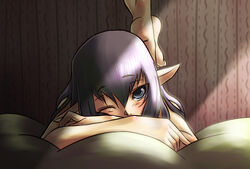  barefoot blush commentary_request elf elvaan female final_fantasy final_fantasy_xi grey_eyes hands long_hair lying on_stomach one_eye_closed photoshop_(medium) pointy_ears prishe purple_hair solo tara_baka_ni 