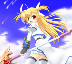  blonde_hair blush cosplay female fingerless_gloves flipper gloves hair_ribbon heterochromia left-handed long_hair lyrical_nanoha mahou_shoujo_lyrical_nanoha_strikers photoshop_(medium) raising_heart raising_heart_(exelion_mode) ribbon solo staff takamachi_nanoha takamachi_nanoha_(aggressor_mode) takamachi_nanoha_(cosplay) thighhighs vivio zettai_ryouiki 