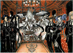  5boys abel_nightroad balthasar_von_neumann belt black_hair blonde_hair blue_hair brown_hair buckle cain_nightroad chandelier closed_eyes dietrich_von_lohengrin female gloves helga_von_vogelweide hexagram indoors isaak_fernand_von_kampfer lamp long_hair long_sleeves looking_at_viewer melchior_von_neumann multiple_boys official_art outstretched_arms pants photoshop_(medium) radu_barvon rapier scan sheath sheathed shibamoto_thores standing sword trinity_blood uniform very_long_hair weapon white_gloves white_hair wings 