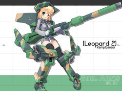  armor armored_boots beret black_necktie black_thighhighs blonde_hair blue_hat blush boots breasts camouflage cannon character_name coat collared_shirt copyright_name cross female girl_arms gloves grey_coat grey_gloves gun hat iron_cross lapels leopard_2 long_sleeves mecha_musume midriff_peek military military_vehicle motor_vehicle necktie no_pants panties rigging rio_line_(girl_arms) shirt short_hair small_breasts solo standing tank thighhighs undershirt underwear weapon white_panties white_shirt zeco 