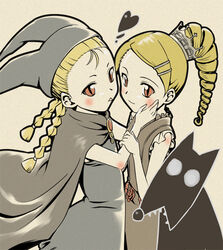  2girls beige_background black_dress blonde_hair braid dress hand_on_another&#039;s_cheek hand_on_another&#039;s_face hat heart holding_hands hug jester_cap kaibutsu_oujo kereberotte kuroblack marumi multiple_girls photoshop_(medium) ponytail red_eyes sherwood simple_background twin_braids upper_body yuri 