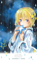  biting blonde_hair blue_eyes blush female hair_between_eyes hair_ornament holding looking_at_viewer original rain shirt short_hair sketch sleeves_rolled_up solo star_(symbol) star_hair_ornament takano_otohiko text_focus upper_body water_drop white_shirt 