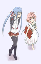  2girls amatsuka_fubuki amatsuka_tsurara baby_princess barefoot blue_hair book boots marumi multiple_girls photoshop_(medium) pink_hair thighhighs 