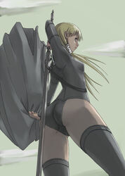  ass bad_id bad_pixiv_id blonde_hair cape claymore_(series) cynthia_(claymore) female long_hair looking_back low_twintails solo sword tea_(nakenashi) thighhighs twintails weapon 