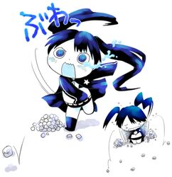  &gt;_&lt; bikini bikini_top_only black_rock_shooter black_rock_shooter_(character) blue_theme blush chibi closed_eyes commentary_request female fire flaming_eye full_body jacket kneehighs kneeling leg_up long_hair long_sleeves monochrome motion_lines multiple_views no_shirt no_shoes open_clothes open_jacket running shorts simple_background socks stone swimsuit tears throwing twintails white_background yamanokonza 