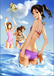  4girls adjusting_clothes adjusting_swimsuit aiko_(dennou_coil) amasawa_yuuko ass back bikini brown_hair butt_crack cloud commentary_request dated day dennou_coil densuke_(dennou_coil) flat_ass flat_chest hashimoto_fumie looking_back midriff mojo_(dennou_coil) multiple_girls okonogi_yuuko one-piece_swimsuit outdoors oyaji_(dennou_coil) photoshop_(medium) shiika_sadamasa short_hair signature sky swimsuit twintails wading water 