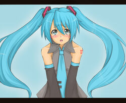  blue_background blue_eyes blue_hair blue_necktie blush collared_shirt commentary_request detached_sleeves female grey_shirt hair_between_eyes hair_ribbon hatsune_miku letterboxed long_hair looking_at_viewer madarame necktie open_mouth ribbon shirt shoulder_tattoo sleeveless sleeveless_shirt solo tattoo tears twintails upper_body vocaloid wing_collar 