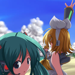  1boy 2girls :o aqua_hair arm_up beach blonde_hair blue_eyes blue_sky brother_and_sister cloud commentary_request day detached_sleeves fictional_sister hatsune_miku headphones headset kagamine_len kagamine_rin looking_at_viewer looking_back multiple_girls neckerchief ocean outdoors parted_lips sailor_collar school_uniform serafuku shore short_hair siblings sky spread_fingers twins twintails vocaloid water waving 