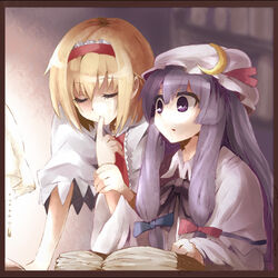  2girls alice_margatroid bad_link blonde_hair book closed_eyes crescent crescent_hat_ornament finger_sucking hairband hat hat_ornament kiji_(manekinuko-tei) long_hair mob_cap multiple_girls patchouli_knowledge purple_eyes purple_hair sidelocks touhou yuri 