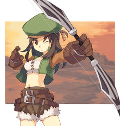  bow_(weapon) brown_eyes brown_hair brown_shorts commentary dated_commentary fantasy_earth fantasy_earth_zero female gloves hat midriff navel one_eye_closed scout_(fantasy_earth) shorts solo tanaka_(cow) weapon 