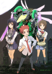  1boy 2girls animal armor black_legwear blue_skirt clenched_hand collared_shirt commentary_request dress_shirt feline full_body hand_on_own_hip holding kaminagi_ryouko kneehighs loafers looking_at_viewer machinery maihama_minami_high_school_uniform mecha misaki_shizuno multiple_girls pants pleated_skirt robot rudorufu school_uniform shirt shoes skirt socks sogoru_kyou standing standing_on_one_leg white_legwear white_shirt zegapain zegapain_altair 