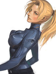  alternate_costume belt big_nose black_belt black_pants blonde_hair blurry blush bodysuit breasts depth_of_field female from_side green_eyes kichin_yarou leaning_back long_hair looking_at_viewer metroid pants ponytail samus_aran simple_background solo upper_body white_background zero_suit 