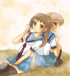  2girls back-to-back blue_sailor_collar blue_skirt brown_eyes brown_hair eryu genderswap_(mtf) glasses kita_high_school_uniform kyonko multiple_girls nagato_yuki ponytail red_ribbon ribbon rule_63 sailor_collar school_uniform serafuku short_sleeves sitting skirt summer_uniform suzumiya_haruhi_no_yuuutsu thighhighs zettai_ryouiki 