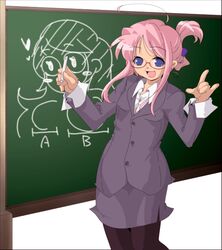  :d ahoge blue_eyes chalk chalkboard female formal glasses jacket open_mouth original pantyhose pencil_skirt pink_hair sex_ed skirt skirt_suit smile solo standing suit teacher yamazaki_kazu 