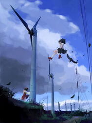  2girls camera flying geta hakurei_reimu leaf multiple_girls outdoors shameimaru_aya takanashi_akihito tengu-geta touhou wind wind_turbine 