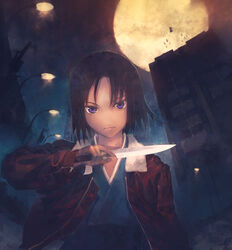  aikura_chihiro black_hair blue_kimono bob_cut building commentary_request female full_moon jacket japanese_clothes kara_no_kyoukai kimono knife moon outdoors power_lines purple_eyes red_jacket ryougi_shiki short_hair solo zipper 