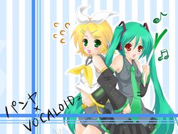  2girls aqua_hair cosplay hana_(pangya) hatsune_miku hatsune_miku_(cosplay) kagamine_rin kagamine_rin_(cosplay) kooh multiple_girls pangya ryou-tan+ twintails vocaloid vocaloid_boxart_pose 