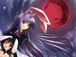  2girls animal_ears ayuhara_hiiro bad_id bad_pixiv_id black_hair inaba_tewi long_hair moon multiple_girls purple_hair rabbit_ears red_moon reisen_udongein_inaba short_hair touhou 