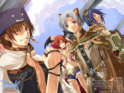  2boys 2girls alchemist_(ragnarok_online) animal_ears blue_eyes blue_hair brown_eyes brown_hair cat_ears closed_eyes crusader_(ragnarok_online) deviruchi_hat fishnets flower goggles hat kurot monk_(ragnarok_online) multiple_boys multiple_girls one_eye_closed open_clothes open_shirt photoshop_(medium) purple_eyes ragnarok_online red_hair rogue_(ragnarok_online) rosary shirt shorts test_tube white_hair 