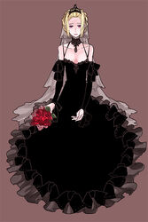  bad_id bad_pixiv_id bare_shoulders black_choker black_dress blonde_hair breasts bride brown_background choker cleavage closed_mouth collarbone dark_bride dress female flat_chest flower frilled_dress frills full_body goth_fashion long_dress long_hair looking_at_viewer off-shoulder_dress off_shoulder original photoshop_(medium) purple_eyes red_flower red_rose rose sad simple_background solo straight-on sudachips wedding_dress 