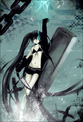  arm_cannon azuma_yuuki belt belt_buckle bikini black_bikini black_hair black_rock_shooter black_rock_shooter_(character) black_shorts blue_eyes buckle chains commentary_request cross female front-tie_bikini_top front-tie_top latin_cross long_hair looking_at_viewer midriff navel no_shirt open_mouth scar shorts single_bare_shoulder solo stomach swimsuit twintails weapon 