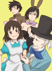  2boys 2girls alice_in_wonderland animal_ears aoi_minamo aoi_souta black_hair blush bow brown_hair cheshire_cat_(alice_in_wonderland) commentary_request glasses haru_masamichi hat holon kei_sakura mad_hatter_(alice_in_wonderland) march_hare_(alice_in_wonderland) multiple_boys multiple_girls old old_man pantyhose photoshop_(medium) pink_bow playboy_bunny rabbit_ears real_drive smile white_hair 