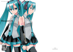  2girls aqua_hair aqua_necktie black_thighhighs blue_eyes detached_sleeves dual_persona hatsune_miku headgear long_hair long_sleeves looking_at_viewer miniskirt multiple_girls necktie photoshop_(medium) pleated_skirt simple_background skirt sugar_(sugarless) tattoo thighhighs very_long_hair vocaloid white_background zettai_ryouiki 