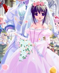  3girls 6+boys bare_shoulders bouquet breasts bride brown_hair church cleavage dress dwarf_(grimm) flower game_cg kagami_no_naka_no_orgel medium_breasts multiple_boys multiple_girls nini_(delta) open_mouth pink_flower pink_rose purple_eyes rose snow_white snow_white_(grimm) wedding wedding_dress 