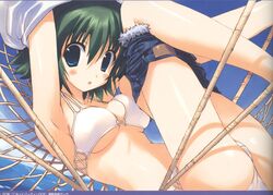  amazuyu_tatsuki bikini blue_eyes comic_party denim denim_shorts female green_hair hammock ooba_eimi scan short_hair shorts solo swimsuit undressing white_bikini 