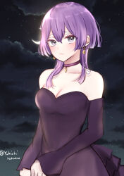  bare_shoulders bernadetta_von_varley blush breasts cleavage collarbone dress earrings female fire_emblem fire_emblem:_three_houses grey_eyes hair_between_eyes jewelry long_hair long_sleeves looking_at_viewer medium_breasts night night_sky off-shoulder_dress off_shoulder outdoors purple_dress purple_hair sky small_breasts solo star_(sky) starry_sky upper_body yukichi_(yukichi_rururu) 