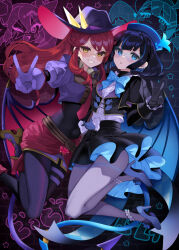  2girls blue_eyes blue_hair bodysuit covered_navel demon_girl demon_tail demon_wings duel_monster evil_twin_ki-sikil evil_twin_lil-la full_body grin high_heels highres ki-sikil_(yu-gi-oh!) lil-la_(yu-gi-oh!) live_twin_ki-sikil live_twin_lil-la looking_at_viewer multiple_girls nekohara_choco pantyhose red_hair smile sunglasses tail thighs v wings yellow_eyes yu-gi-oh! 