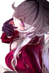  breasts commentary cunnilingus_gesture english_commentary forked_tongue gloves grey_hair hair_intakes hair_over_one_eye highres honkai_(series) honkai_impact_3rd jacket long_hair nyeppu purple_eyes red_jacket simple_background thelema_nutriscu thelema_nutriscu_(gentle_is_the_night) tongue tongue_out white_background 