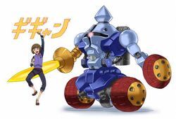  1boy bad_id bad_pixiv_id bowl_cut brown_hair collaboration energy_sword fist_pump fujisawa_takashi gigan_(gundam) gundam gundam_build_fighters gyan happy mecha redesign robot rocket_launcher satta_naoto sazaki_susumu science_fiction shield short_hair simple_background sword weapon wheel 