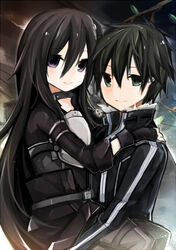  2boys armor bad_id bad_pixiv_id black_eyes black_hair breastplate commentary_request dual_persona fingerless_gloves gloves hug kirito kirito_(sao-ggo) long_hair multiple_boys n87miro otoko_no_ko purple_eyes short_hair sword_art_online 