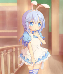  22m animal_ears apron blue_bow blue_dress blue_eyes blue_hair blue_legwear blush bow bunny_ears dress eyebrows_visible_through_hair fake_animal_ears female female finger_to_mouth frilled_dress frills gochuumon_wa_usagi_desu_ka? hair_ornament hairclip hand_up headband highres indoors kafuu_chino long_hair maid maid_apron matching_hair/eyes short_sleeves solo standing striped_legwear thighhighs x_hair_ornament zettai_ryouiki 